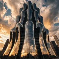 Recraft V4 — A modern glass skyscraper reflecting clouds at sun