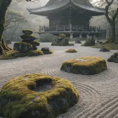 Recraft V4 — A Japanese zen garden with raked gravel, moss-cove