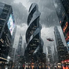 Recraft V4 — A futuristic city skyline with flying vehicles, sl