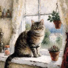 Recraft V4 — A cat sitting on a windowsill, impressionist oil p