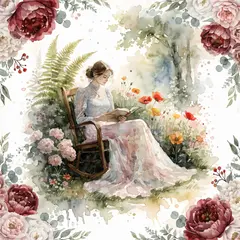 Recraft V4 — A woman reading a book in a garden, watercolor pai