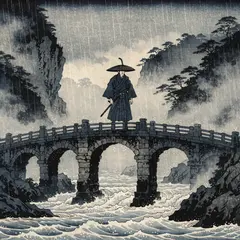 Recraft V4 — A lone samurai standing on a misty bridge, ukiyo-e