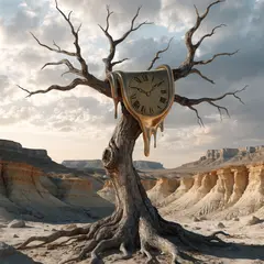 Recraft V4 — A surreal melting clock draped over a barren tree 