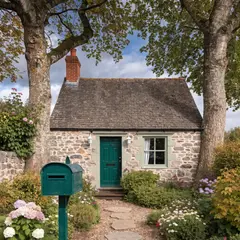 Recraft V4 — A small house between two tall trees, with a path 