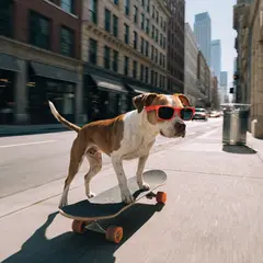 Recraft V4 — A dog wearing sunglasses riding a skateboard down 