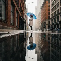 Recraft V4 — A woman holding an umbrella in the rain, reflected