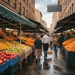 Recraft V4 — A busy farmer's market scene with at least six dif
