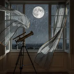 Recraft V4 — A telescope pointing at the moon through an open w