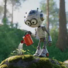 Recraft V4 — A 3D render of a cute robot watering plants in a m
