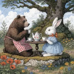 Recraft V4 — A children's book illustration of a bear and a rab