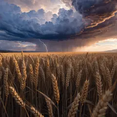 Recraft V4 — A vast wheat field under a dramatic thunderstorm s