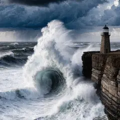 Recraft V4 — A coastal cliff with crashing waves below, lightho