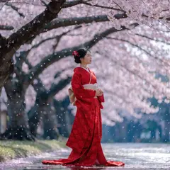 Recraft V4 — A Japanese woman in a red kimono standing under ch