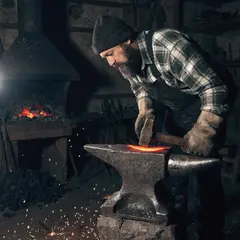Recraft V4 — A bearded blacksmith in a dark workshop, sparks fl