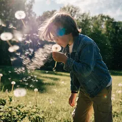 Recraft V4 — A child blowing dandelion seeds in a sunlit meadow