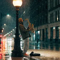 Recraft V4 — A street musician playing saxophone under a lamppo