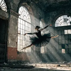 Recraft V4 — A ballet dancer mid-leap in an abandoned warehouse