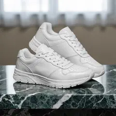 Recraft V4 — A pair of white leather sneakers on a marble count