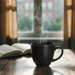 Recraft V4 — A matte black coffee mug with steam rising, placed