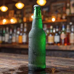 Recraft V4 — A green glass bottle of craft beer with condensati
