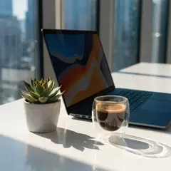 Recraft V4 — A sleek laptop on a clean white desk with a potted