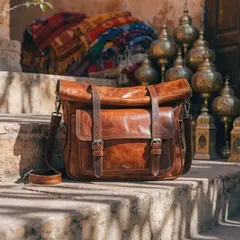 Recraft V4 — A leather messenger bag on a sun-dappled step in a