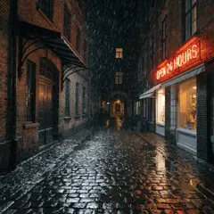 Recraft V4 — A glowing neon sign reading OPEN 24 HOURS in a dar