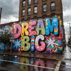 Recraft V4 — A graffiti mural on a brick wall spelling DREAM BI