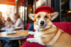 Reve v1.0 — A corgi wearing a red beret sitting in a Parisian 