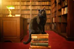 Reve v1.0 — A black cat sitting on a stack of old books in a c