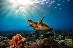 Reve v1.0 — A giant sea turtle swimming over a coral reef, und