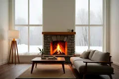 Reve v1.0 — A cozy Scandinavian living room with a fireplace, 