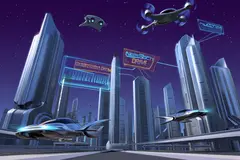 Reve v1.0 — A futuristic city skyline with flying vehicles, sl
