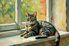 Reve v1.0 — A cat sitting on a windowsill, impressionist oil p