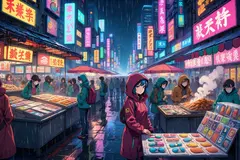 Reve v1.0 — A cyberpunk street market in Tokyo, anime style, n
