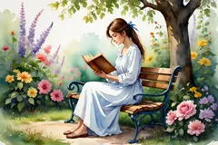 Reve v1.0 — A woman reading a book in a garden, watercolor pai