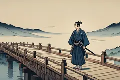 Reve v1.0 — A lone samurai standing on a misty bridge, ukiyo-e