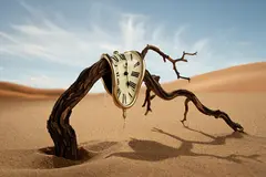 Reve v1.0 — A surreal melting clock draped over a barren tree 