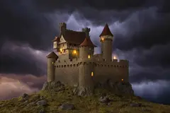 Reve v1.0 — A medieval castle on a hilltop, fantasy art style,