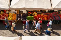 Reve v1.0 — A busy farmer's market scene with at least six dif