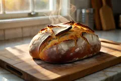 Reve v1.0 — A rustic sourdough bread loaf, freshly baked with 