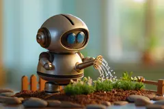 Reve v1.0 — A 3D render of a cute robot watering plants in a m
