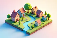 Reve v1.0 — An isometric low-poly village with tiny houses, tr