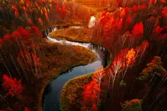 Reve v1.0 — An aerial view of a winding river through autumn f