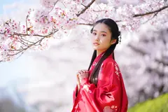 Reve v1.0 — A Japanese woman in a red kimono standing under ch