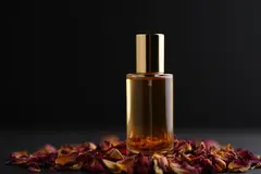 Reve v1.0 — A bottle of amber perfume on a bed of dried roses,