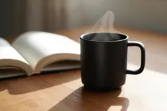 Reve v1.0 — A matte black coffee mug with steam rising, placed
