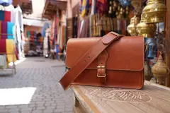 Reve v1.0 — A leather messenger bag on a sun-dappled step in a