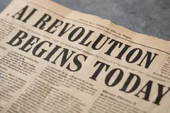 Reve v1.0 — A newspaper headline reading AI REVOLUTION BEGINS 