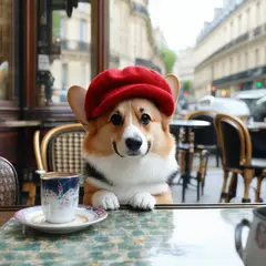 SD 3.5 Large — A corgi wearing a red beret sitting in a Parisian 